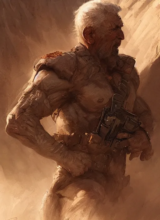 Prompt: detailed concept illustration, strong muscular older soldier roaming through desert, sharp focus, illustration, highly detailed, digital painting, concept art, matte, art by wlop and artgerm and greg rutkowski, masterpiece