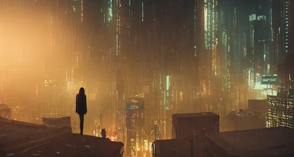 Prompt: woman standing on a rooftop in a cyberpunk city, blade runner, nighttime, rain, intricate artwork by tooth wu and wlop and beeple, octane render, hyper realism, 8 k