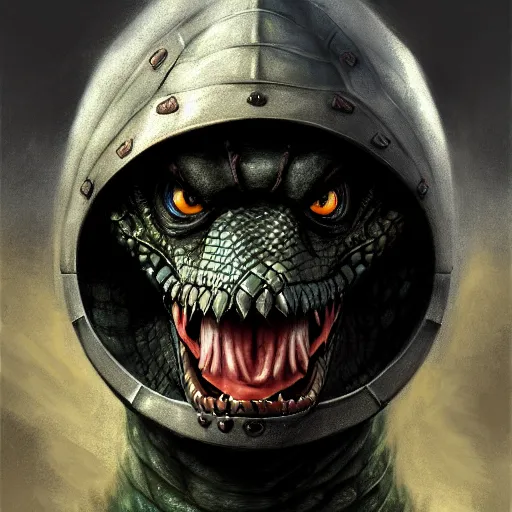 Image similar to portrait of an angry reptile in the armor, beautiful face, hyper realistic, highly detailed, digital painting, artstation, illustration, concept art by hyung tae and frank frazetta, digital paint, matte paint, washed colors, dark, gloomy, foggy