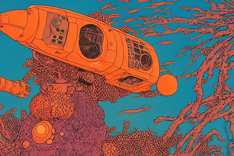 Image similar to risograph grainy drawing vintage sci - fi, satoshi kon color palette, gigantic gundam full - body covered in dead coral reef, 1 9 8 0, kodachrome, natural colors, comicbook spreadsheet, codex seraphinianus painting by moebius and satoshi kon and dirk dzimirsky close - up portrait