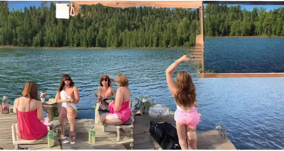 Prompt: storyboard of girls weekend on a lake, mimosas