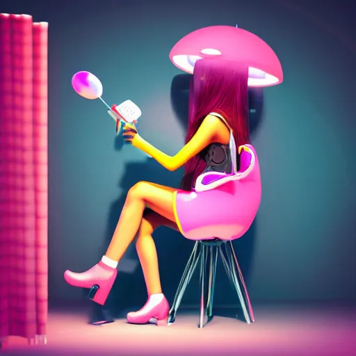 Image similar to high quality portrait of gaming girl with controller sitting futuristic tall chair, lollipop candy, fashion photo, cool lighting, 3D render, pastel color