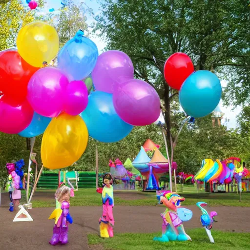 Image similar to children riding (my little pony) at a birthday party in the city park. balloons, cake, presents, craziness, havoc, 8K, 4K, digital art, 3D, cgsociety, pixar