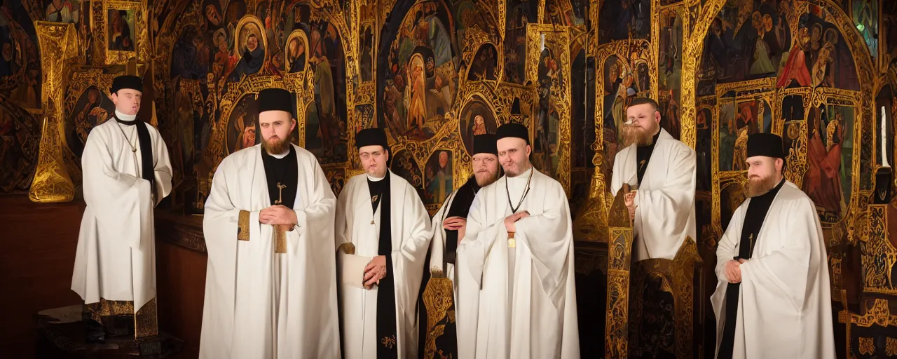 Image similar to three orthodox priests with cute caracal faces, in orthodox church, orthodox icons, volumetric lighting, twilight, dramatic, noir, blur, bokeh, cinematic, shallow depth of field, 8 0 mm, f 1. 8