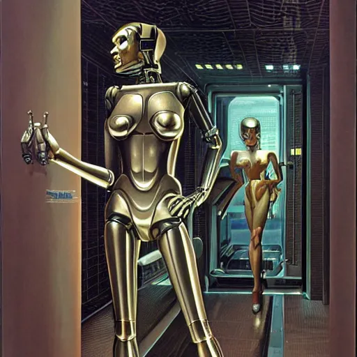 Image similar to a female with robotic interior, cyborg, by clyde caldwell, james c. christensen, h. r. giger, george tooker