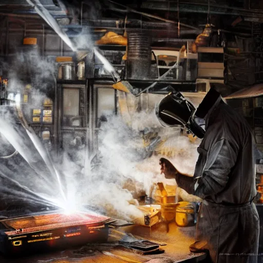 Image similar to cyborg toaster oven repairman, dark messy smoke - filled cluttered workshop, dark, dramatic lighting, orange tint, sparks, plasma rays, cinematic, highly detailed, sci - fi, futuristic, movie still