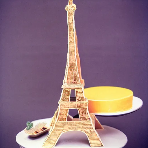 Prompt: a cake that is made of a varieaty of cheese in the shape of the eiffel tower, tha cake is in the shape of the eiffel tower, all the cake structure is made of cheese and in format of the eiffel tower , Award winning photo 35mm