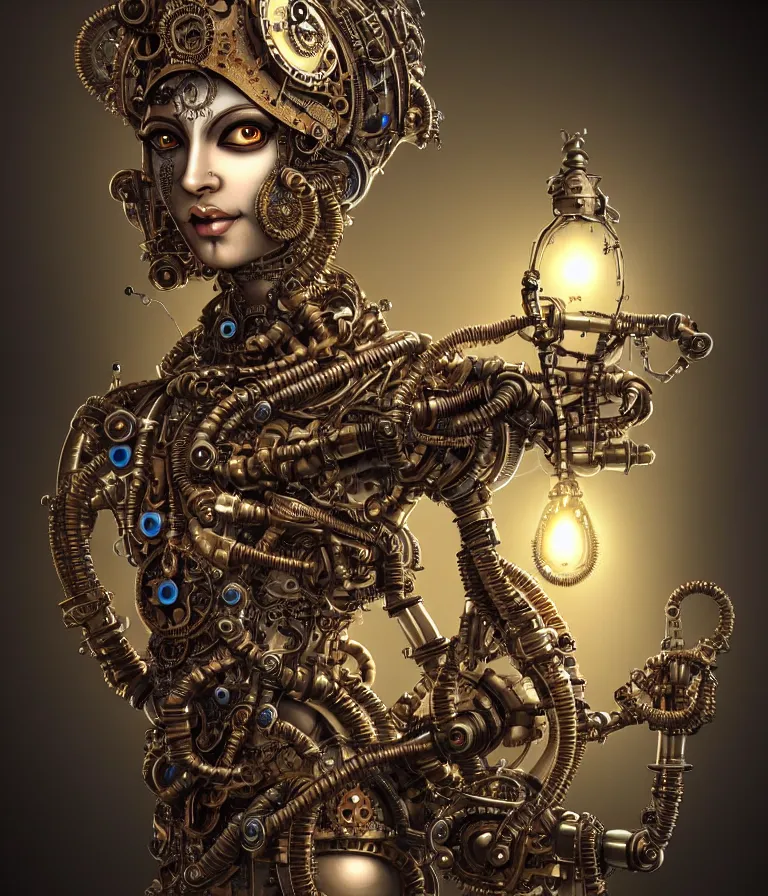 Image similar to steampunk cybernetic biomechanical krishna, front facing, symmetric, 3 d model, very coherent symmetrical artwork, unreal engine realistic render, 8 k, micro detail, intricate, elegant, highly detailed, centered, digital painting, artstation, smooth, sharp focus, illustration, artgerm, tomasz alen kopera, wlop