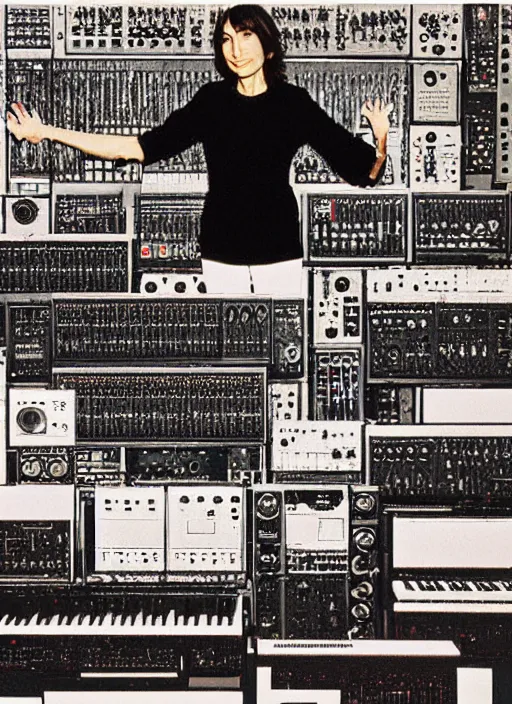 Prompt: Suzanne Ciani surrounded by a wall of synthesizers, by Claude Monet
