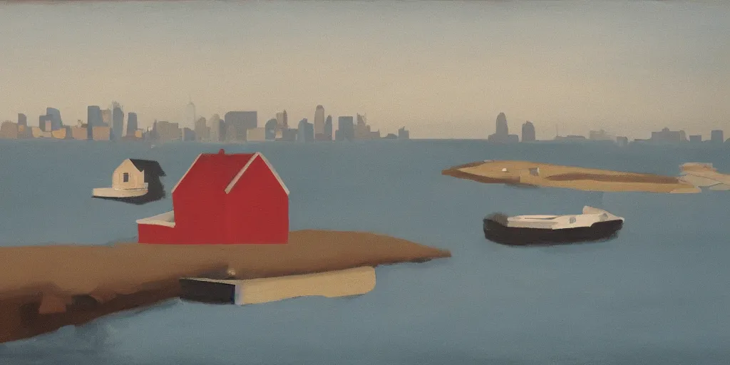 Prompt: In the foreground is a small red house, and in the background is the smoky NY City, George Ault painting style.