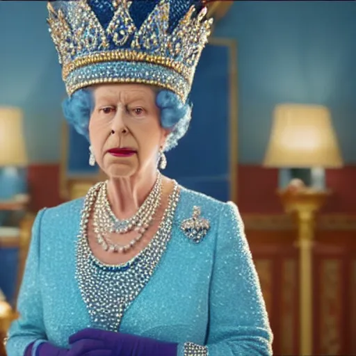 Image similar to movie still of marge simpson as the queen of england