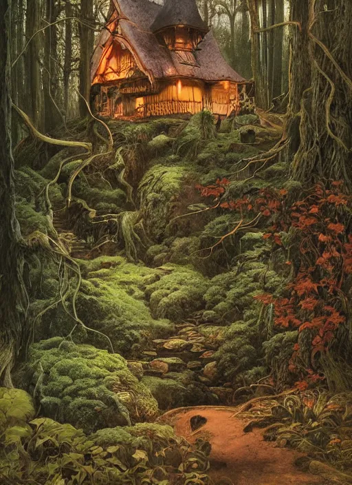 Image similar to hyper realistic witch cottage japanese shrine in the woods gorgeous lighting, highly detailed, lush forest painting by zdzisław beksinski and norman rockwell and greg rutkowskiweta studio, and lucasfilm