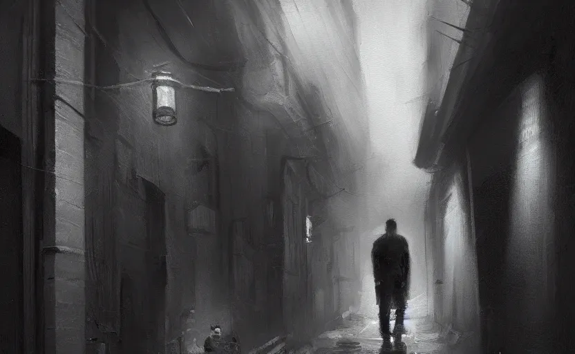 Prompt: dim lit, dark alley street with a man walking, depth of field, very atmospheric, painting inspired from artstation