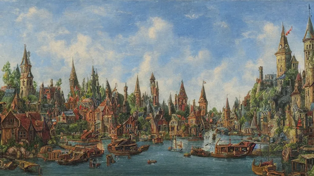Prompt: an old enchanted fantasy town, viewed from the harbor, by jean - baptist monge,