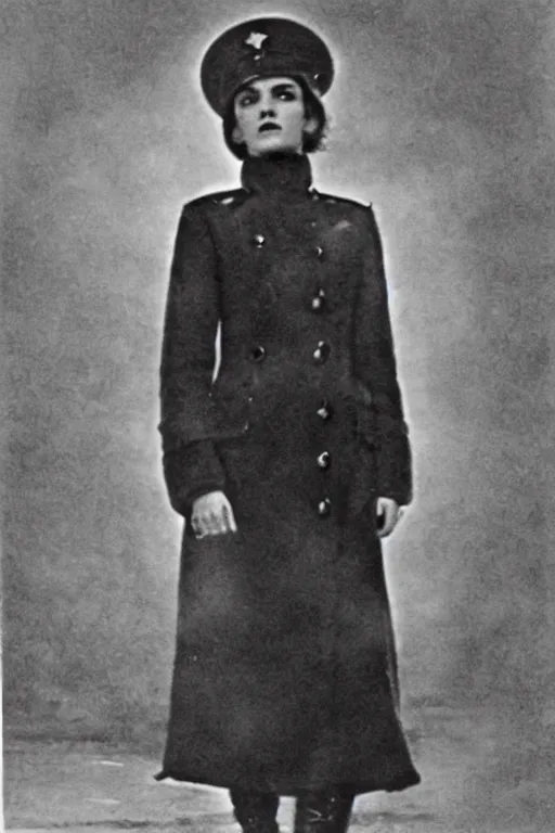 Image similar to photograph of soviet commissar, comrade emma watson, standing in a long leather coat, vintage revolution photograph, famous photo from kgb archives