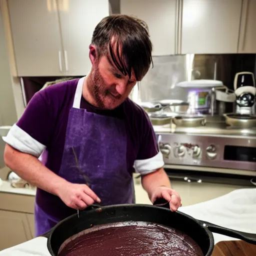 Prompt: a purple haired man cooking chocolate pudding at 4 am