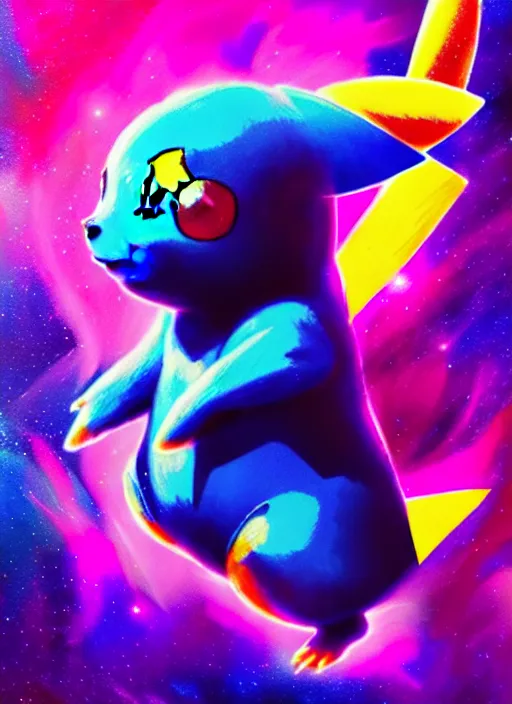 Image similar to galaxy colored pokemon of a galaxy colored pikachu, beautiful detailed realistic cinematic character concept fashion portrait, hi - fructose art magazine, by anton fadeev and paul lehr and david heskin and josan gonzalez, 8 k, purple, blue