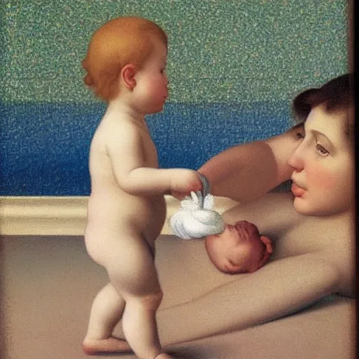 Image similar to a baby's first steps by Raphael, Hopper, and Rene Magritte. detailed, romantic, enchanting, trending on artstation.