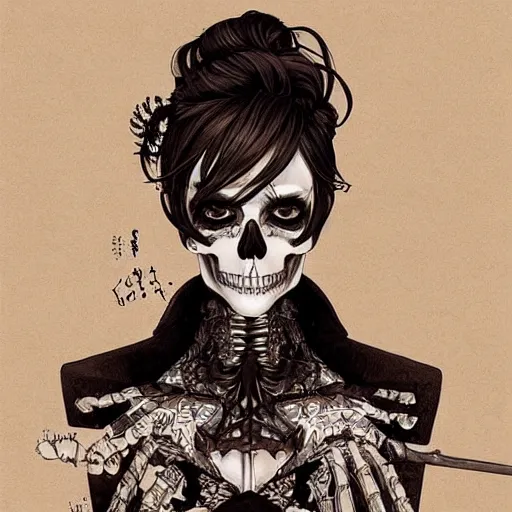 Image similar to anime manga skull portrait young woman, road to perdition, noir, skeleton, intricate, elegant, highly detailed, digital art, ffffound, art by JC Leyendecker and sachin teng