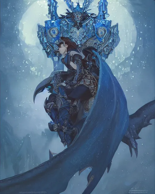 Image similar to Portrait of a Fantasy azure knight, moonlit, HD, illustration, epic, D&D, fantasy, intricate, elegant, highly detailed, digital painting, artstation, concept art, smooth, sharp focus, illustration, art by artgerm and greg rutkowski and alphonse mucha, monster hunter illustrations art book