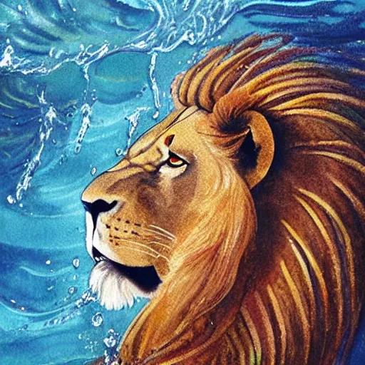 Image similar to a male lion's face breaching through a wall of water, water sprites, splashing, deep blue water color, highly detailed