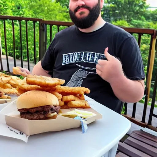 Image similar to overweight 2 0 year old with messy black hair and big beard eating burgers and chicken nuggets on his back porch table