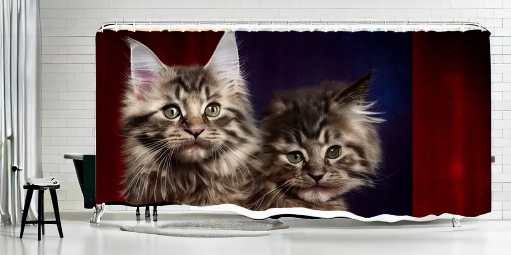 Image similar to a ( ( ( ( ( maine coon kitten ) ) ) ) ) in mandolorian ( tv ) artwork themed shower curtain, shower curtain. digital art. product photography. product lighting. 4 k, highly detailed. saturated.