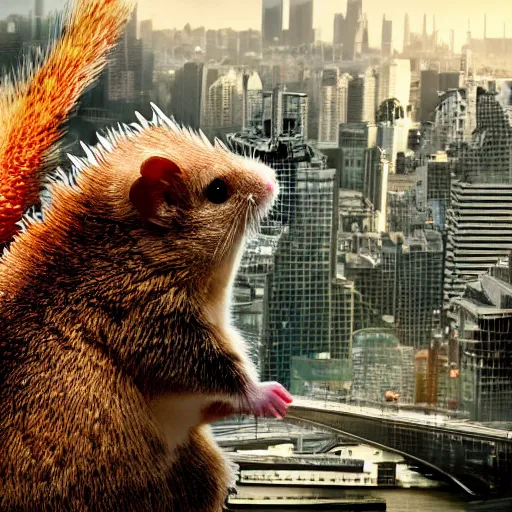 Prompt: a hamster terrorizing a city as if it was godzilla, high quality, sharp focus, 4k