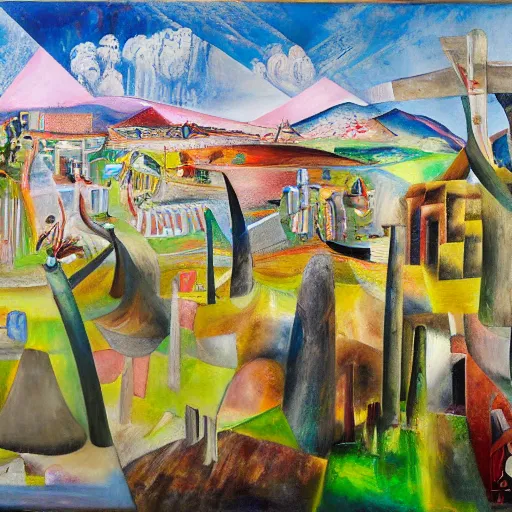 Image similar to paisaje de santiago de chile pintado al estilo de Roberto Matta , oleo sobre tela