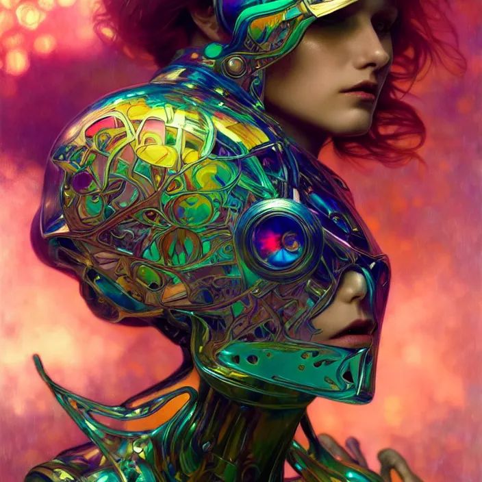 Prompt: bright psychedelic organic cyborg, 4th dimensional, diffuse lighting, fantasy, intricate, elegant, highly detailed, lifelike, photorealistic, digital painting, artstation, illustration, concept art, smooth, sharp focus, art by John Collier and Albert Aublet and Krenz Cushart and Artem Demura and Alphonse Mucha