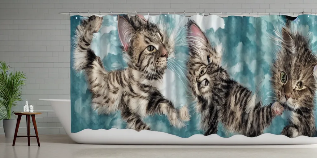 Image similar to shower curtain product catalog. on the curtain is a watercolor with ink under drawing of a cat toy being chased by a maine coon kitten. wide - angle product photography, product lighting. 4 k, highly detailed. saturated.