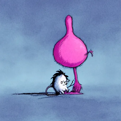 Image similar to dr. seuss sad lonely creature | cute but sad | pink and fluffy | pity | midnight paintings | intricate detail | bold colors | illustration | lonely barren dreary landscape