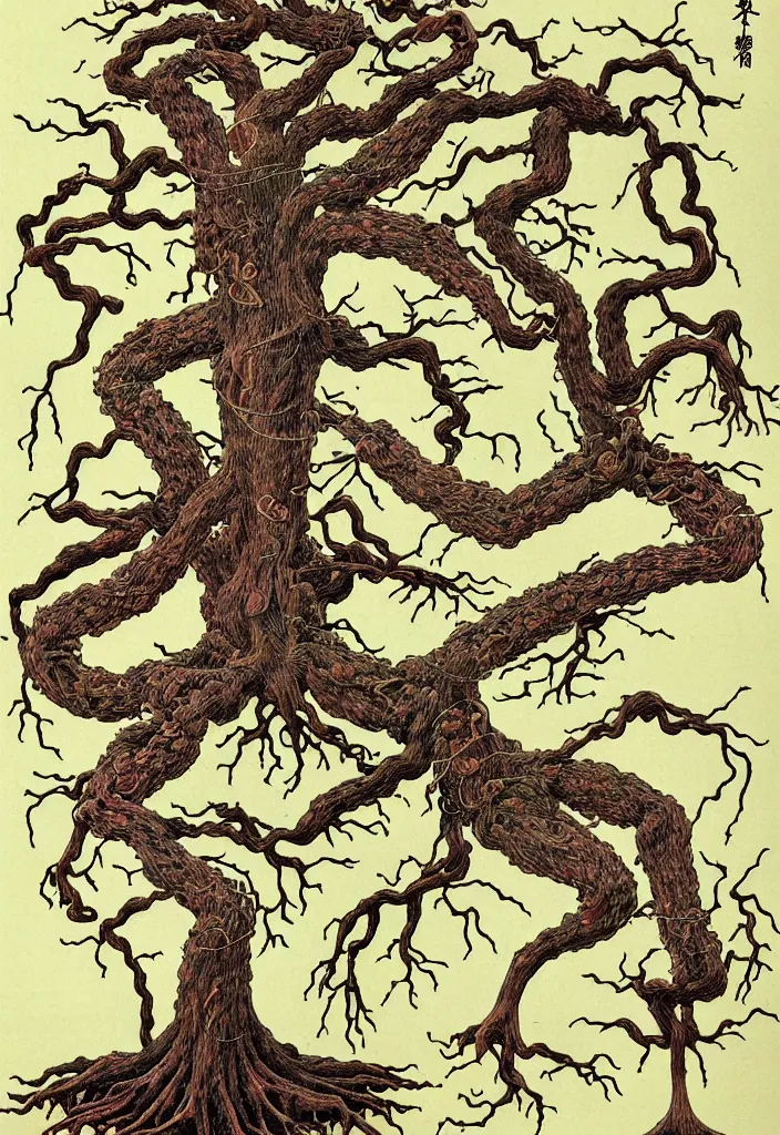 Image similar to prompt: anatomy dissection drawing veins and organs tree character drawn by Takato Yamamoto, bonsai anatomy atlas, veins and organs attached to tree roots, alchemical objects inspired by 1980's sci-ci, old experimentation cabinet, intricate oil painting detail, manga 1980