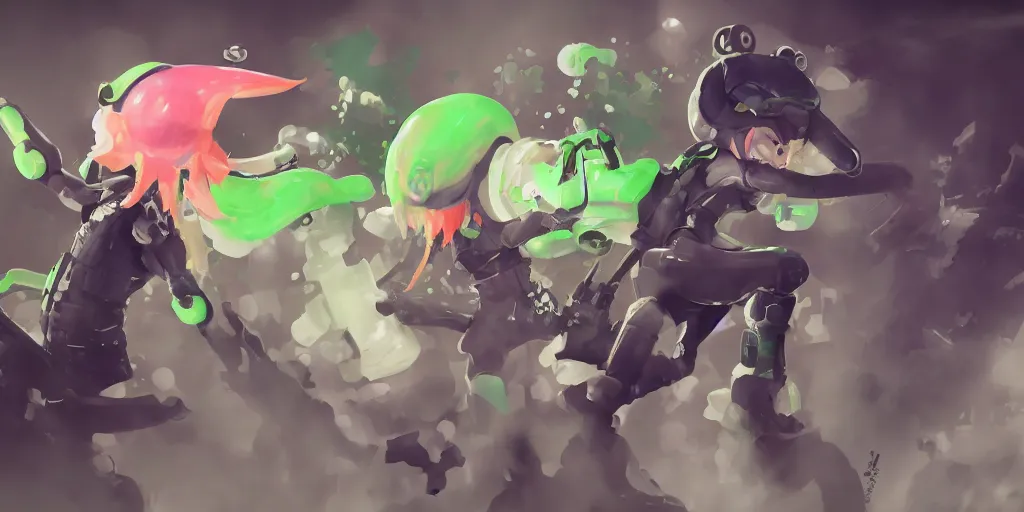 Image similar to splatoon nintendo one character digital painting no blur, concept art, character sheet nier automata 2 d, yoji shinkawa, yoshitaka amano, cyberpunk, trending on artstation, featured on pixiv, hyper detail, cinematic composition, 8 k