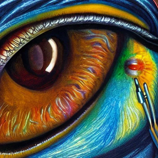 Prompt: a very detailed painting showing the ins and outs of the human eye as seen through the vision of an alien