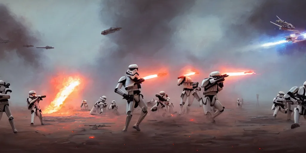 Prompt: a painting of a cinematic keyframe of a star wars battle of stormtroopers, remains of starships with fire and smoke by greg rutkowski, rule of thirds, golden ratio, ambient lighting, wlop, artgerm, artstation, highly detailed masterpiece, dark fantasy art, high detail, trending on artstation