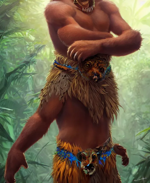 Image similar to character portrait feature of the anthro male anthropomorphic jaguar fursona animal person wearing shaman tribal outfit robes belt standing in the amazon rainforest, well framed character design stylized by charlie bowater, ross tran, artgerm, makoto shinkai, detailed, soft lighting, rendered in octane