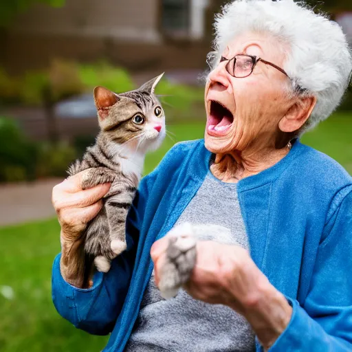 Prompt: elderly woman screaming at a cat, canon eos r 3, f / 1. 4, iso 2 0 0, 1 / 1 6 0 s, 8 k, raw, unedited, symmetrical balance, wide angle