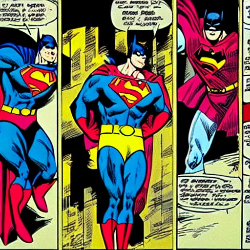 Image similar to comic book panels, batman, superman, epic, crisis on infinite earths, george perez, neal adams