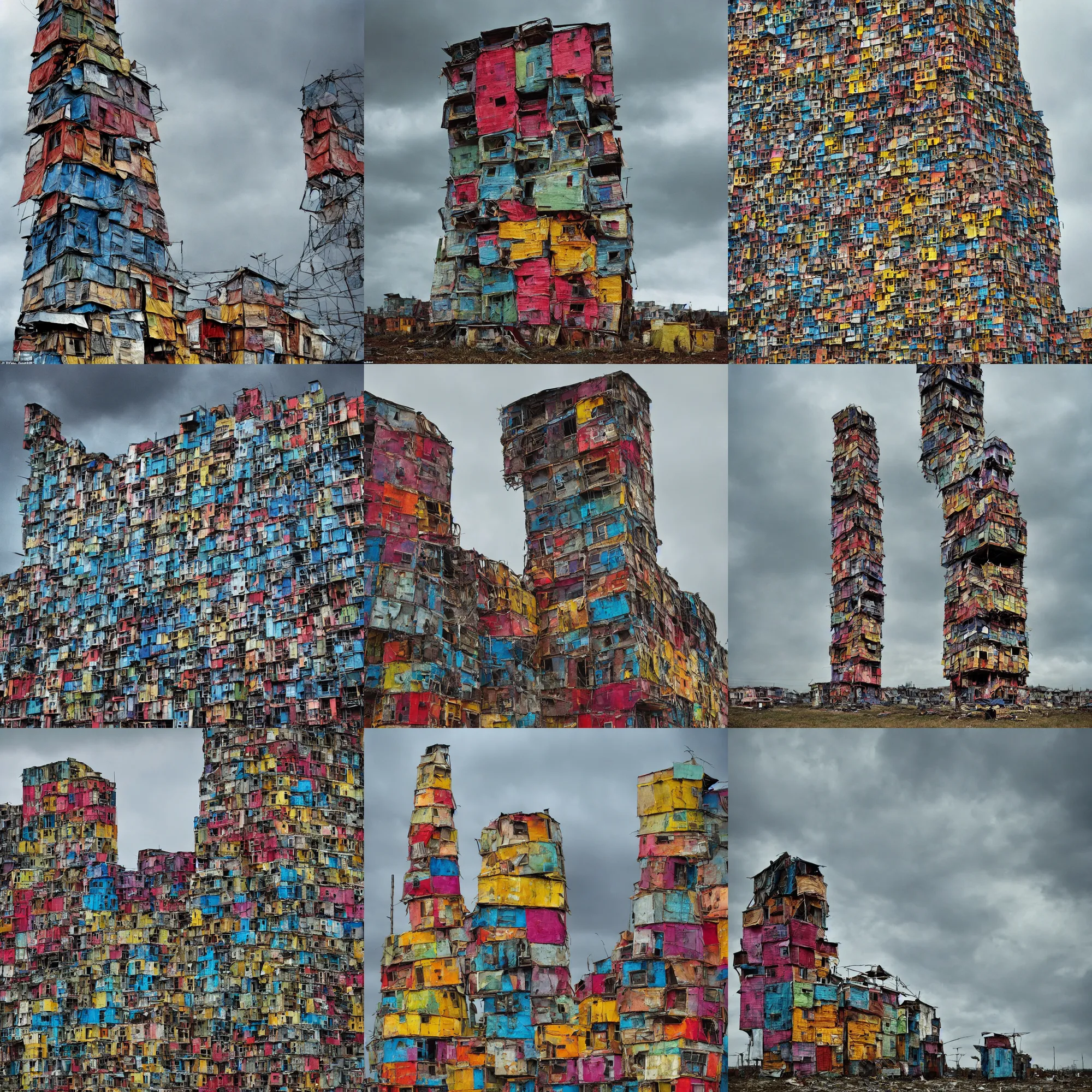 Prompt: close - up view of a giant tower made up of colourful makeshift squatter shacks, bleached colours, moody cloudy sky, dystopia, mamiya rb 6 7, very detailed, photographed by bruno barbey and brett whitely