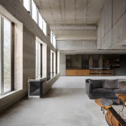 Prompt: a photo of a brutalist interior with high ceilings and big windows