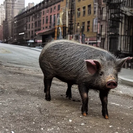 Prompt: a wild pig on a abandoned city of new york the pictures looking around