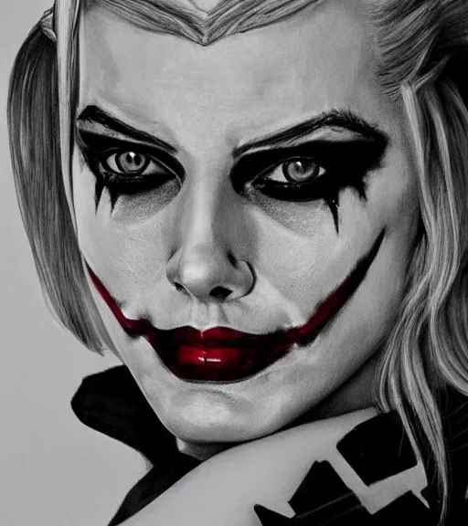 Image similar to a realism drawing of margot robbie as harley quinn with joker makeup, in the style of den yakovlev, realistic face, black and white, realism, hyper realistic, highly detailed