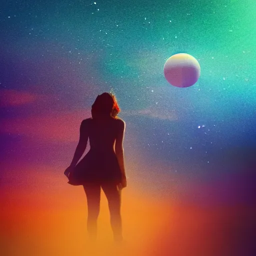 Image similar to A picture of a planet of various colors and plants, in which the human figure is dressed in something magical and impressive, inside the picture is infinity, sunset light, Atmospheric phenomenon, artistic photography, muted colors, conceptual