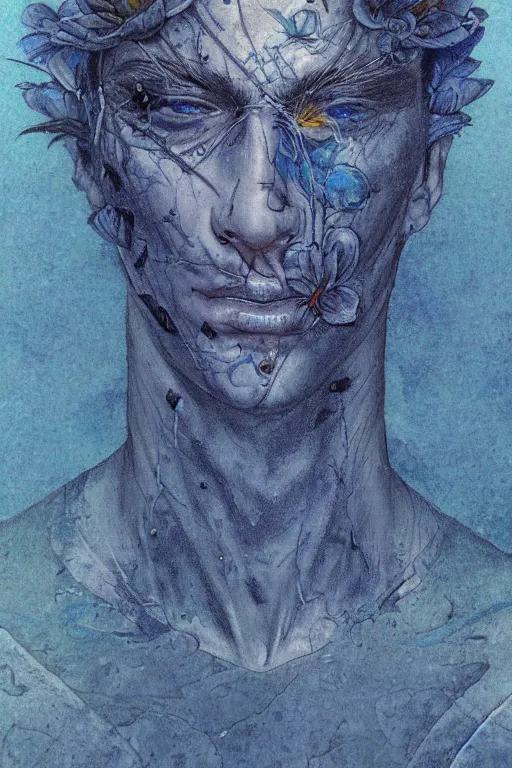 Image similar to portrait of beautiful young man, warhammer, japanic style, cyberpunk, a lot of scars, more and more flowers, blue head, the middle ages, highly detailed, artstation, illustration, art by jean delville, 8 k quality