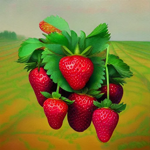Image similar to a surreal oil painting of a strawberry plant with giant strawberrys, album cover, bright colors