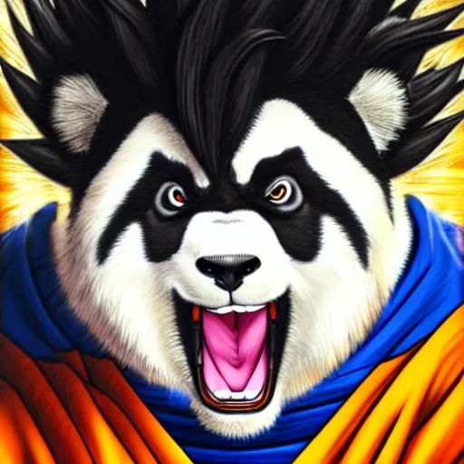 Image similar to ultra realistic portrait painting of a panda as super saiyan goku, art by akira toriyama, 4 k, dragon ball artstyle, cel shaded, highly detailed, epic lighting
