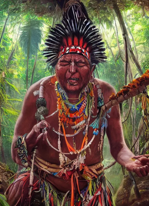 Prompt: a beautiful painted portrait of an indigenous shaman chanting in the jungle, matte painting, fantasy art, ayahuasca