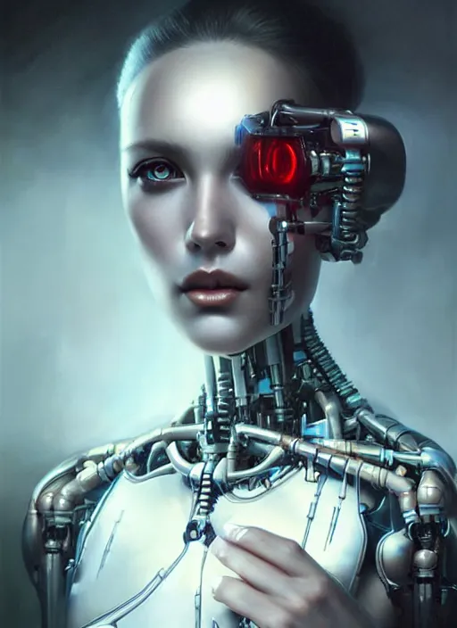 Image similar to a beautiful woman with a cybernetic endoskeleton, painted by artgerm and tom bagshaw, fantasy art, dramatic lighting, highly detailed oil painting