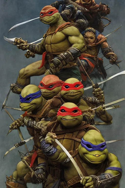 Prompt: portrait of a ninja turtles across the ages l, frazetta themed, in style of Valentin Serov, in style of Ruan Jia, insanely detailed and intricate, golden ratio, elegant, ornate, luxury, elite, matte painting, cinematic, cgsociety, James jean, Brian froud, ross tran, Laputa